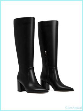 Knee High Boots for Women Block Heel Side Zipper Faux Leather Tall Boots